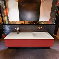 Mondiaz Badkamermeubelset erin 150 cm met 2 lades met ridge wastafel rechts linen zonder kraangaten greeploos mat fire