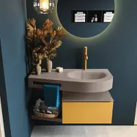 Mondiaz RIVA 100cm badmeubel onderkast / planchet kleur Ocher met 1 lade. Wastafel DULCET rechts 1 kraangat kleur Smoke.