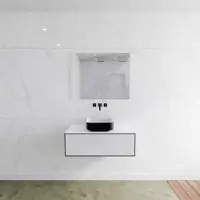 Mondiaz Badkamermeubelset LAGOM 90 cm Topblad met Gecentreerde Wastafel Solid Surface Opzetkom Binx zonder Kraangat Mat Zwart (1 lade)