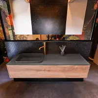 Mondiaz Badkamermeubelset erin 150 cm met 1 lade met ridge wastafel links dark grey met 1 kraangat greeploos mat washed oak