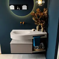 Mondiaz riva 100 cm badmeubel onderkast /planchet kleur smoke met 1 lade. Wastafel dulcet links 0 kraangaten kleur linen.