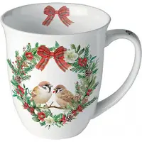 Ambiente sparrows in wreath - mok - porselein - fine bone china - - musjes in krans - kado - cadeau - winter - kerst - kerstkado
