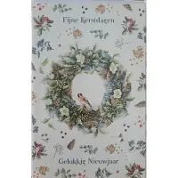 Janneke Brinkman 8 dubbele kerstkaarten - kerstkrans met bloemen en vogeltjes - Fijne Kerstdagen kaarten met enveloppen