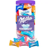 Milka Favourites chocolademix voor Kerst "Vrolijk Kerstfeest" - Toffee & Nut, Oreo, Cheesecake & Milkini - 5 smaken - chocolade kerstcadeau - 500g