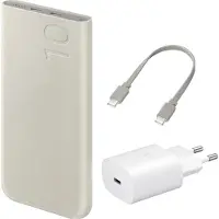 Samsung Originele Powerbank Bundel | Galaxy Batterij Pack 10.000 mAh - 2x USB-C - Beige + 25 Watt USB-C Adapter - Wit