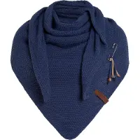 Knit Factory Coco Gebreide Omslagdoek - Driehoek Sjaal Dames - Dames sjaal - Wintersjaal - Stola - Wollen sjaal - Donkerblauwe sjaal - Capri - 190x85 cm - Inclusief sierspeld
