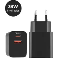WISEQ 33W USB C snellader – dual USB oplader – laad 2 apparaten tegelijk – geschikt voor Samsung en iPhone – zwart –