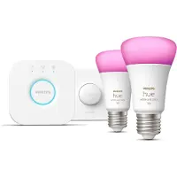 Philips Hue White and Color ambiance starterset: 2 slimme lampen met E27-fitting (1100) + slimme knop. Set voor slimme verlichting, Bluetooth/Zigbee, Wit, LED, E27, A60