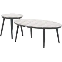 Garden Impressions Lucas bijzettafels donker grijs - teak look - Ø50x48 cm & 120x75x45 cm