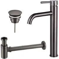 FortiFura Calvi Wastafelkraanset - verhoogde wastafelkraan - always open plug - verlaagde design sifon - Geborsteld Gunmetal PVD SW766541/SW769487/SW767295