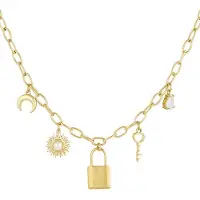 Yehwang Key to my heart ketting - Goud kleur - RVS - necklace - slotje - maan - cadeau - tijdloos