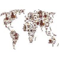 Karo-art 416cm X 290cm - Fotobehang - Koffie Kaart van de Wereld, Wereldkaart, 11 maten, premium print, incl behanglijm
