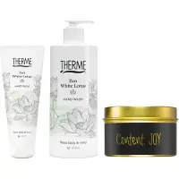 Therme Cadeauset Handverzorging Zen White Lotus - Hand Balm Zen White Lotus - Hand Wash 300 ml Zen White Lotus - My Flame Kaars Blikje Content: JOY
