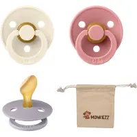 BIBS Dental fopspenen Anatomical 6-18 maanden- Set 3 stuks- Ivory, Dusty Pink, Fossil Grey + Monkiezz speenzakje - orthodontisch- Anatomisch- Maat 2