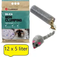 Flamingo - Premium Silica Kattenbakvulling - Voordeelverpakking - 12x 5L - Incl. Wol muisje met catnip!