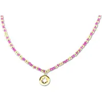 CO88 Collection 8CN-26304 Stalen Ketting met Kralen - Dames - Goudkleurig - 3 mm - Fuchsia - 2,5 mm - Ster - 10 mm - Lengte 70 + 7 cm