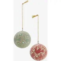 Madam Stoltz - Set van 2 papier maché kerstballen - groen en rood - handbeschilderd