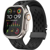 Strap-it Ademend siliconen sport bandje met parachute sluiting - geschikt voor de Apple Watch / iWatch series 1/2/3/4/5/6/8/9/10/11/SE(2-3)/Ultra(2-3) - grote maten 44mm - 45mm - 46mm - 49mm (zwart)