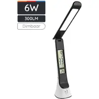 Avide LED Bureaulamp Hugo Dimbaar 6W - Met Kalender + Alarm + Klok + Thermometer Functie - 300 lumen - Zwart/Wit