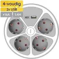 Technik Stekkerdoos met USB 1.4 Meter - Rond - 4-Voudig - USB C - USB A - Wit