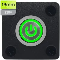 Proride Metalen Pulsschakelaar Inbouwpaneel 220V OFF-(ON) - 19mm - met Aansluitkabel - Spatwaterdicht - LED indicatie Groen