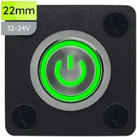 Proride Metalen Pulsschakelaar Inbouwpaneel 12V OFF-(ON) - 22mm - met Aansluitkabel - Spatwaterdicht - 12V/24V - LED indicatie Groen