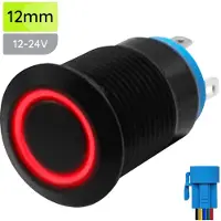 Proride Metalen Pulsschakelaar 12V OFF-(ON) - 12mm - Momentschakelaar met Aansluitkabel - Spatwaterdicht - 12V/24V - LED Indicatie Rood