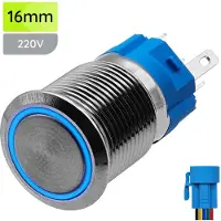 Proride Metalen Drukschakelaar 220V ON-OFF - 16mm - Aan/uit schakelaar met Aansluitkabel - Spatwaterdicht - LED Indicatie Blauw