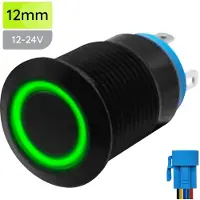 Proride Metalen Drukschakelaar 12V ON-OFF - 12mm - Aan/uit schakelaar met Aansluitkabel - Spatwaterdicht - 12V/24V - LED Indicatie Groen
