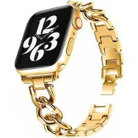 Strap-it luxe stalen horlogeband - geschikt voor Apple Watch Series 1/2/3/4/5/6/7/8/9/10/11/SE/SE2/SE3 - goud / gold - Chain schakel bandje voor iWatch maat: 38 / 40 / 41 / 42mm