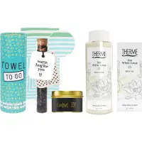 Therme Cadeauset Bad Zen White Lotus Luxe Hamam Handdoek - Bath Oil 100 ml Zen White Lotus - By Romi Wensbuisje thee Warm hug for you - Towel To Go Hamamdoek Turkoois Groen