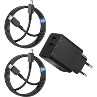 Phreeze Usb C Snellader 2 Poorten met 2x usb-C Kabel 2 Meter - 2 usb-C Poorten - Ultra Sterk - 35w GaN Technologie - Geschikt voor A54, S23, Tablet A8 en meer