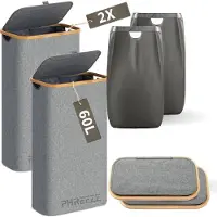 Phreeze Smalle Wasmand - 60L - 2 Stuks - Wasmanden met Deksel en Waszak - Mand Vuile Was - Opbergmand - Mand - Grijs