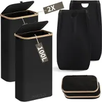 Phreeze Wasmand met Waszak - 100L - Groot formaat - Wasmand met deksel - Sterk materiaal - Wassorteerder - 2 Stuks - Zwart