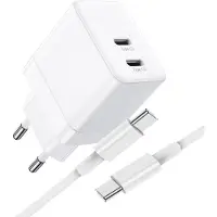 Phreeze Usb C Adapter 35w GaN - Usb C naar usb C Kabel 1 Meter - Usb C Oplader 2 Poorten - Snellader voor Telefoon Tablet Laptop - Super Fast Charger - Power Delivery - Dynamische Allocatie