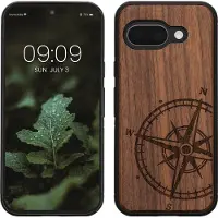 Kwmobile telefoonhoesje geschikt voorGoogle Pixel 9a - Hoesje met bumper - hout - In donkerbruin Vintage Kompas design