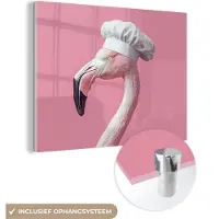 MuchoWow Glasschilderij 160x120 cm - Schilderij acrylglas - Flamingo - Roze - Koksmuts - Vogel - Foto op glas - Muurdecoratie woonkamer - Wanddecoratie slaapkamer - Schilderijen