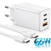 Phreeze 65w GaN 3 Poorten usb C Power Adapter met Rubberen usb C naar usb C Kabel 1 Meter Lang - Super Fast Charger 3.0 - 30% Kleiner