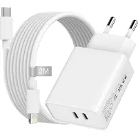 Phreeze 35w Oplader usb C 2 Poorten geschikt voor iPhone 14 13 12 11 X XR XS - Lightning naar usb-C - 2 Meter - Power Delivery - Dubbele usb C Snellader - GaN usb C Adapter
