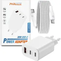 Phreeze Usb C Adapter 30w Snellader met usb C naar usb C kabel 1 Meter - Geschikt voor Samsung S24 S23 S22 S21 S20 en iPhone 15 16 Pro Max