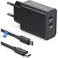 Phreeze Snelle Dubbele usb-C Oplader + 2 Meter Gevlochten Kabel - 35w GaN Technologie - Geschikt voor A54, S24, S23, S22, S21, Tablet A7,A8,A9 Plus (2020,2021,2022,2023,2024) en meer - Zwart