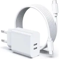 Phreeze 45w GaN usb C Adapter + usb C naar usbC Kabels - 3 Meter - 2 usbC Poorten - Geschikt voor S24,S23,S22,S21,Tablet,S9,Plus,Ultra,Pro,Max,iP 15