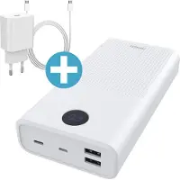 Phreeze Powerbank 30000 mAh + USB C Power Adapter 20W - 3 OUT Poorten - 18W/20W/22.5W - Super Fast Charger - 3x Opladen - Powerbanks 30.000 - Wit