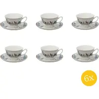 Clayre & Eef Kop en schotel set van 6 stuks schotel 250 ml Blauw Wit Porselein Bloemen Servies