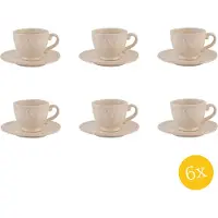 Clayre & Eef Kop en schotel set van 6 stuks schotel 200 ml Beige Keramiek Rond Kip Servies