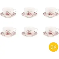 Clayre & Eef Kop en schotel set van 6 stuks schotel 200 ml Beige Rood Porselein Rendieren en bomen Servies