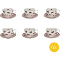 Clayre & Eef Kop en Schotel set van 6 stuks Schotel 200 ml Wit Roze Porselein Vlinders Servies