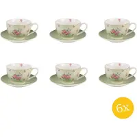 Clayre & Eef Kop en schotel set van 6 stuks schotel 200 ml Groen Beige Porselein Bloemen Servies