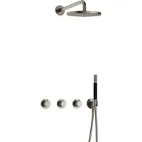 Hotbath Cobber X IBSX70 inbouw regendoucheset met staafhanddouche aan houder en 25cm ronde hoofddouche aan 40cm wandarm geborsteld nikkel