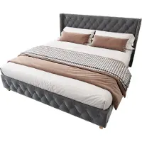 Merax Gestoffeerd Bed 180x200 cm met Lattenbodem en Hoofdbord - Knopversieringen - Studs en Houten Poten - Fluweel - Grijs
